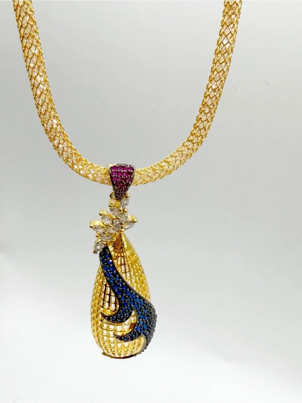 Goldtone Mesh‎ Chain CZ Ruby Sapphire Crystal Peacock Style Necklace 18-20”